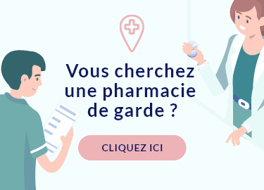 Une femme recherche sur internet la pharmacie de garde la pluis proche et un homme est au comptoir