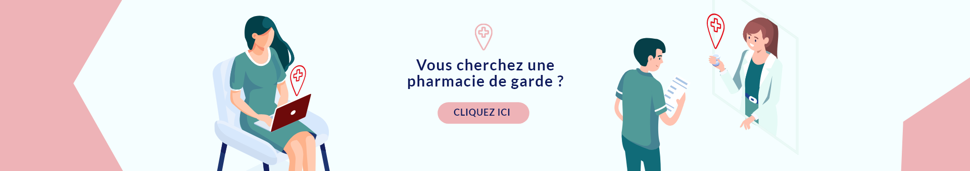 Une femme recherche sur internet la pharmacie de garde la pluis proche et un homme est au comptoir